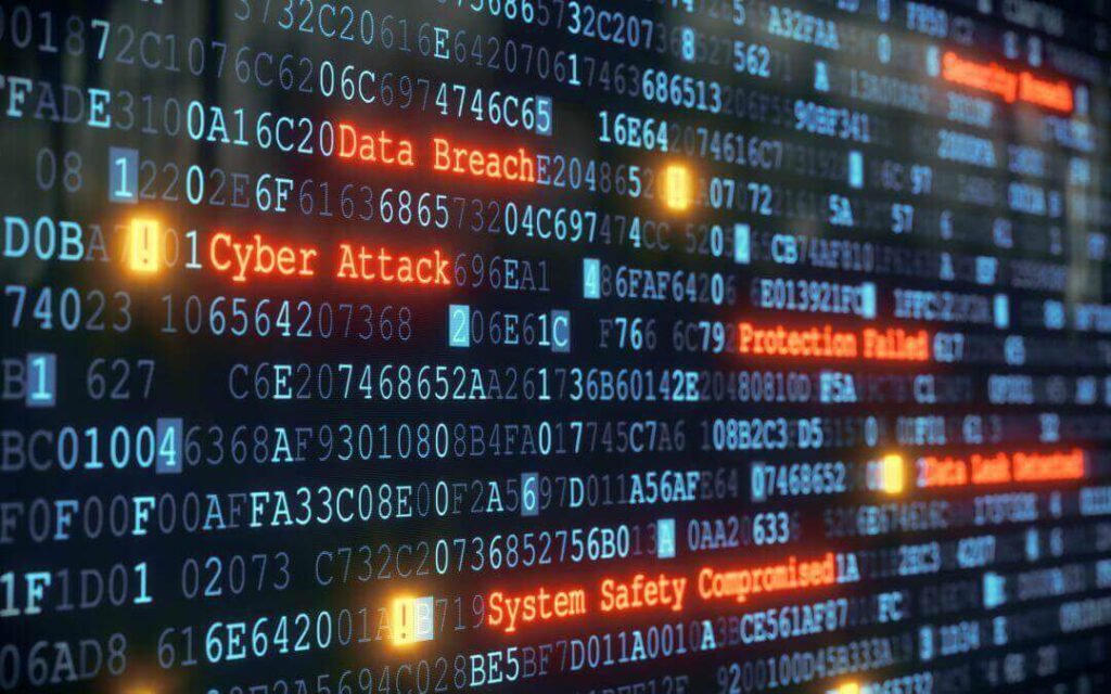 Code with data breach, cyber attack, and system safety compromised in red.
