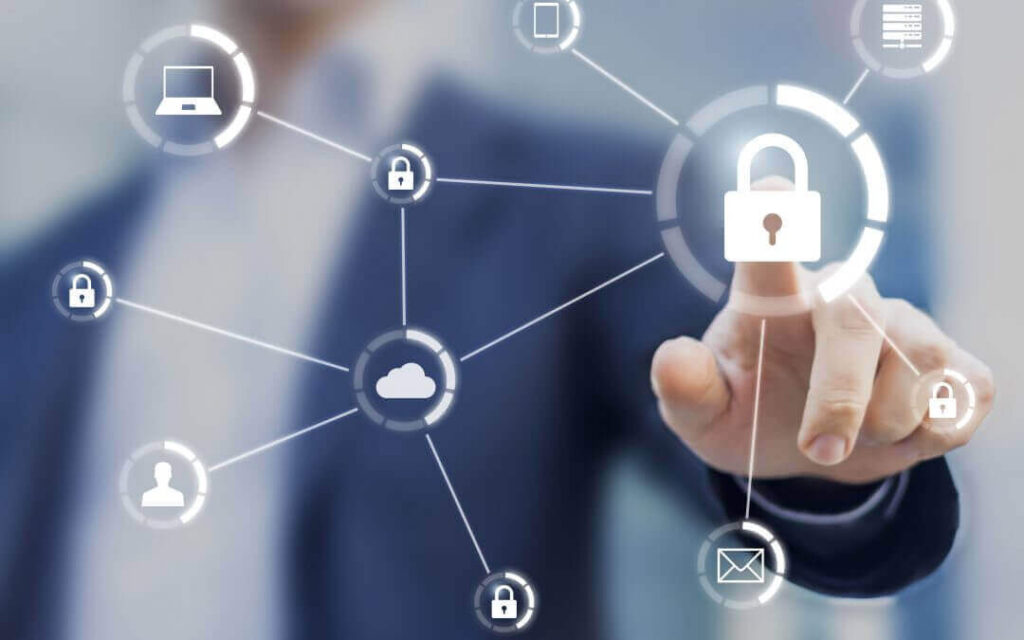 A person's hand touching a lock graphic that connects to other lock graphics and app icon graphics