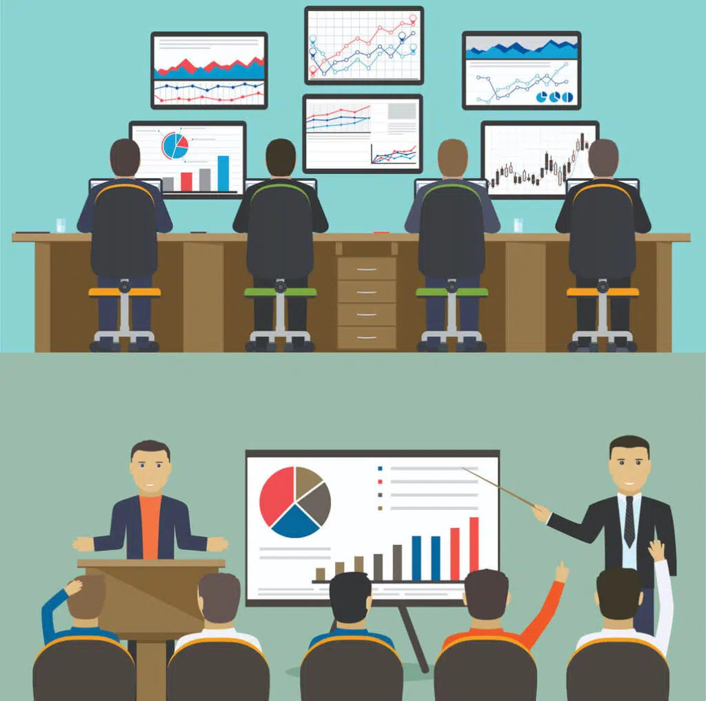 Graphic of four men sitting with computers in front of several graphs over another graphic of people at a presentation.