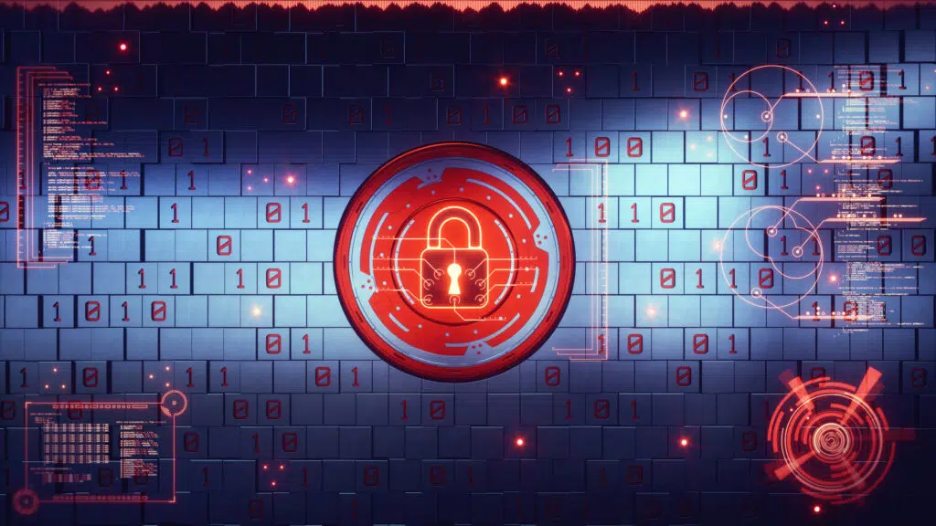 A graphic with a red lock and code depicting cyber security