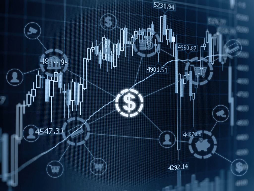 A graph displaying numbers with banking, shopping cart, and money icons.