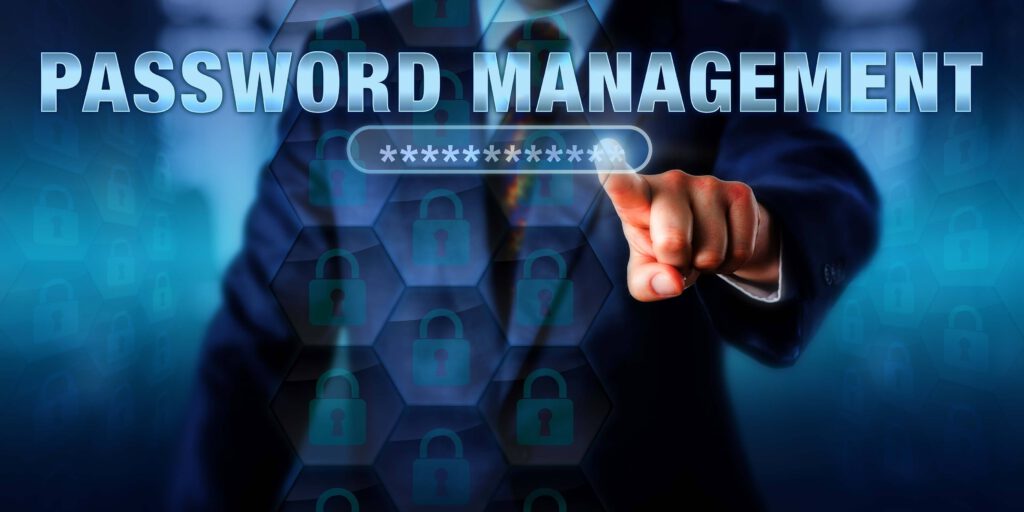 A person touching the screen where the words 'password management' are displayed