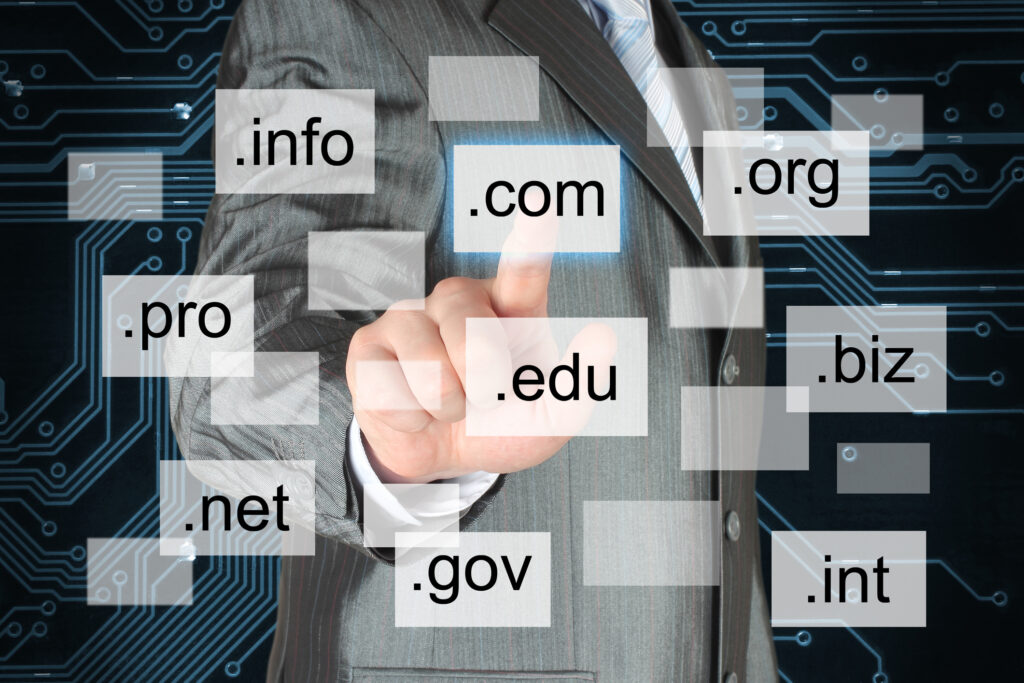 A person touching floating icons with different domains