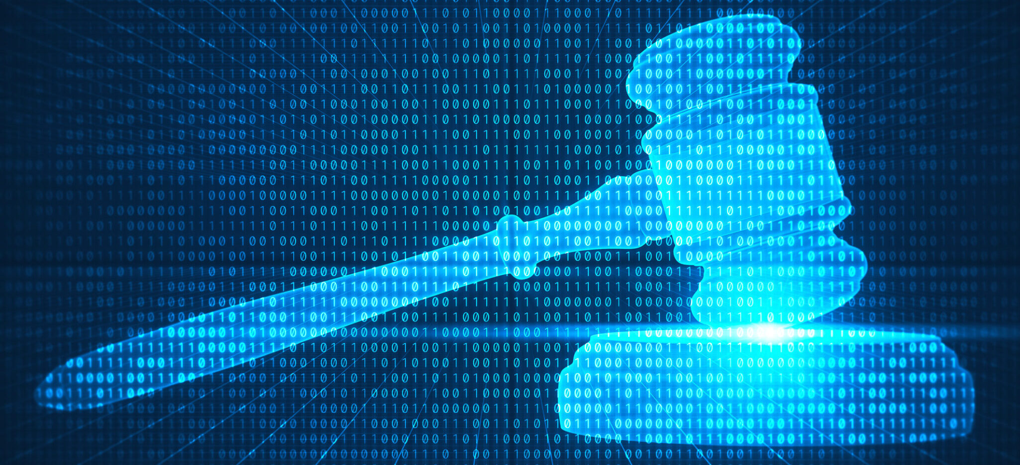 A blue transparent gavel and block graphic overlaid with code