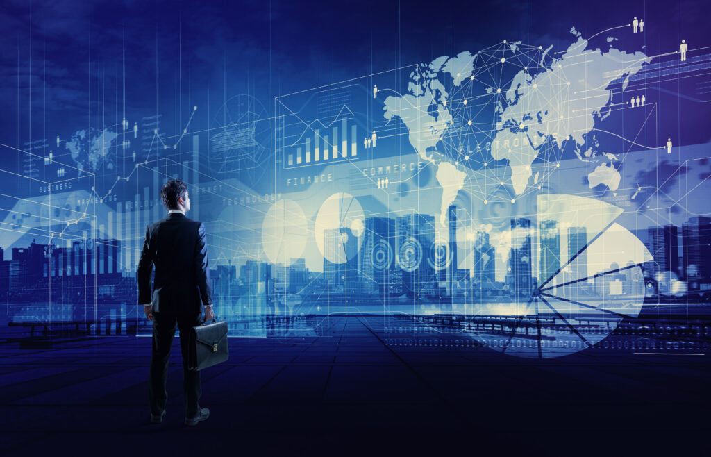 A person looking out at a city with a world map and data overlay