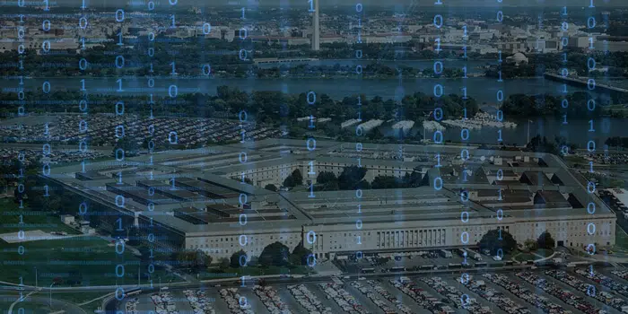 An aerial view of the pentagon with a computer code overlay