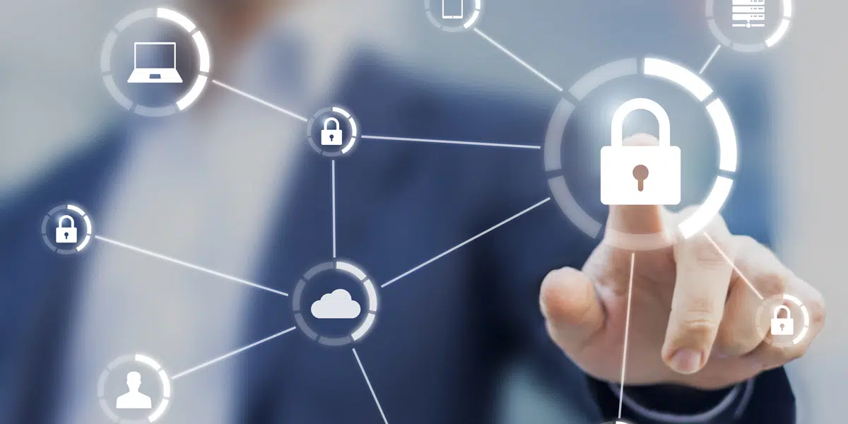 A person's hand touching a lock graphic that connects to other lock graphics and app icon graphics