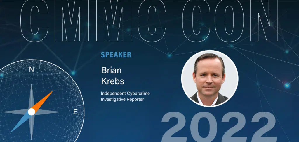 A speaker announcement for Brian Krebs for CMMC Con 2022.
