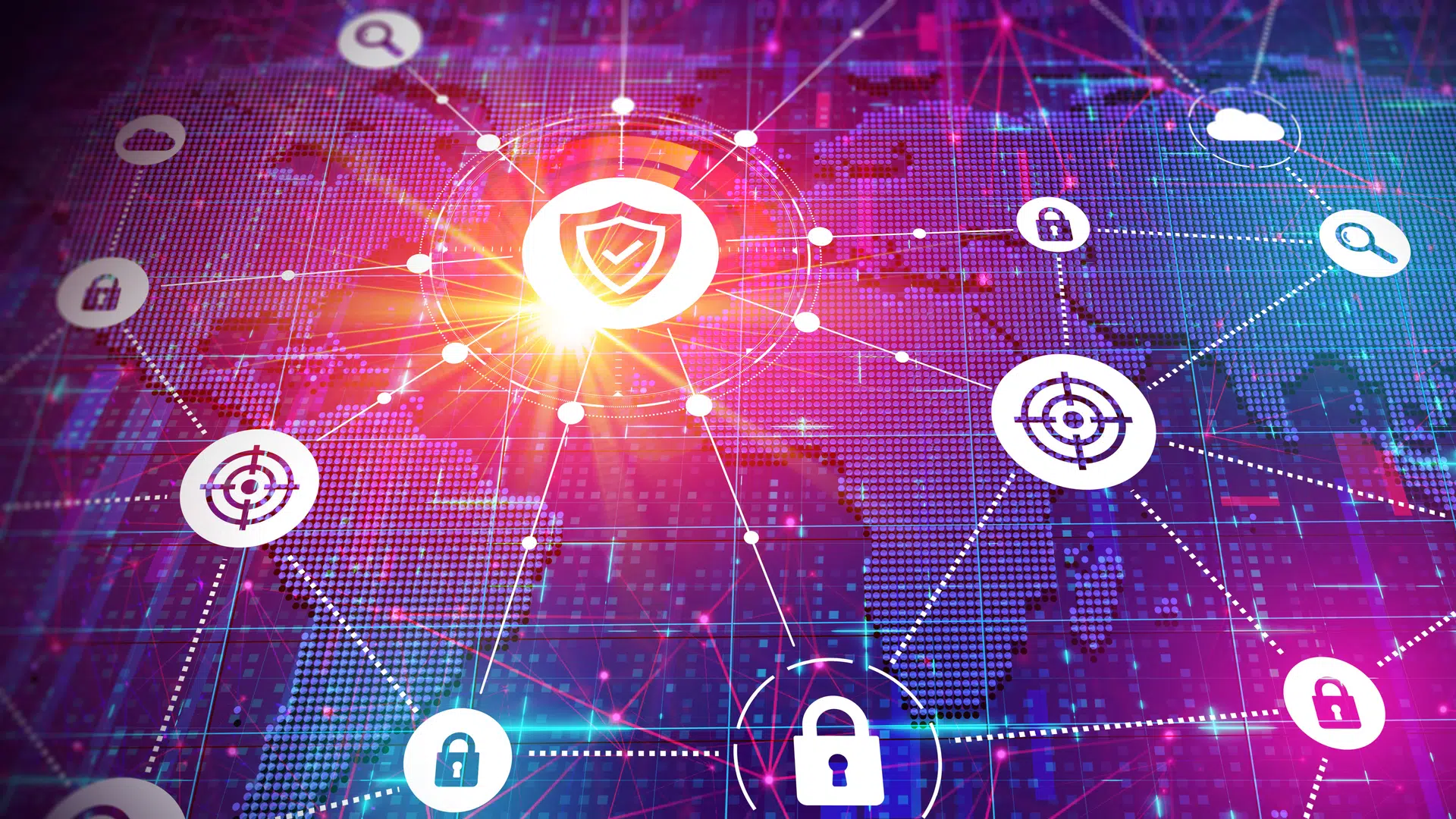 Cybersecurity shield centered around lock, cloud, position icons.