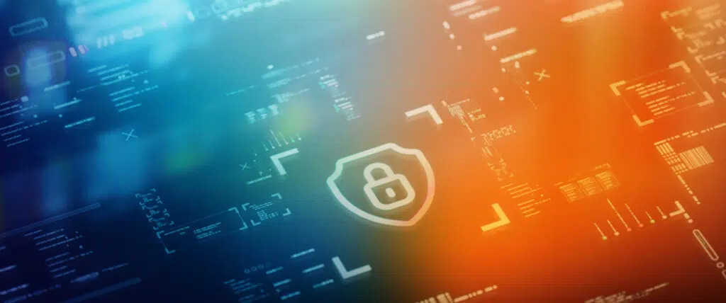 Digital security and privacy background. Cyber and crypto security shield on futuristic screen technology background with gradient overlay.