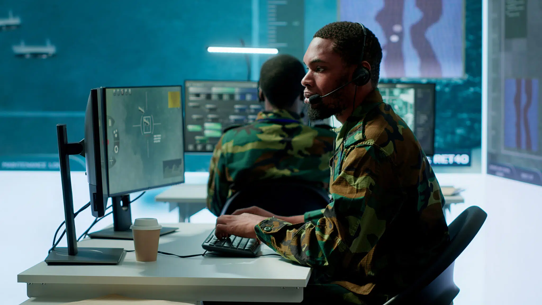 Military man at computer