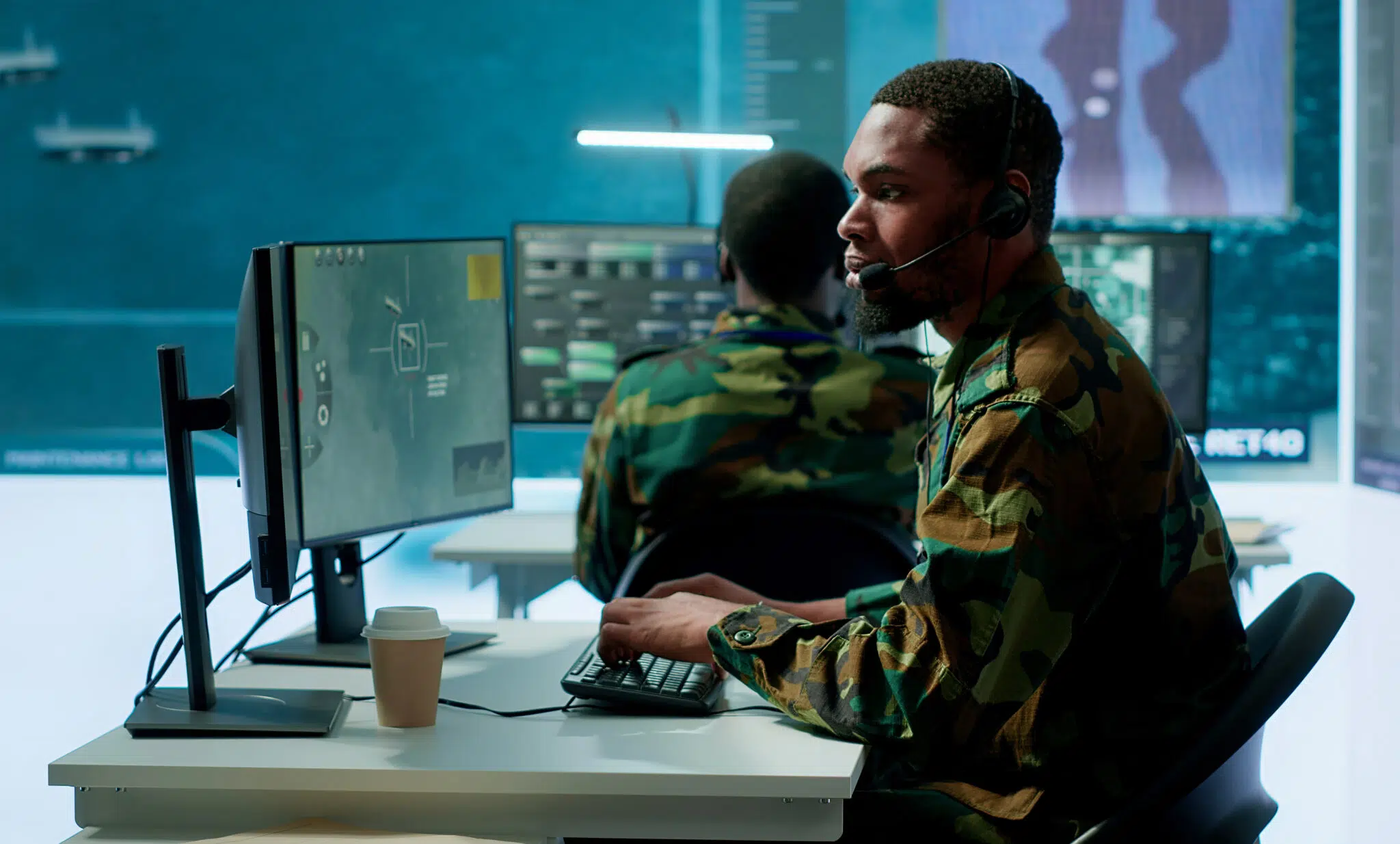 Military man at computer